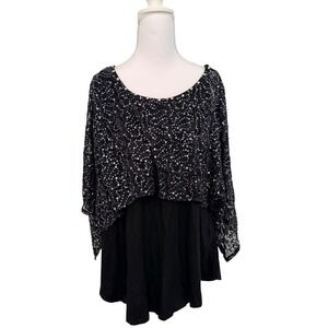LAPA Plus Sequin Lace Overlay Blouse Women 1XL Black Sparkly‎ Layered Cape Top